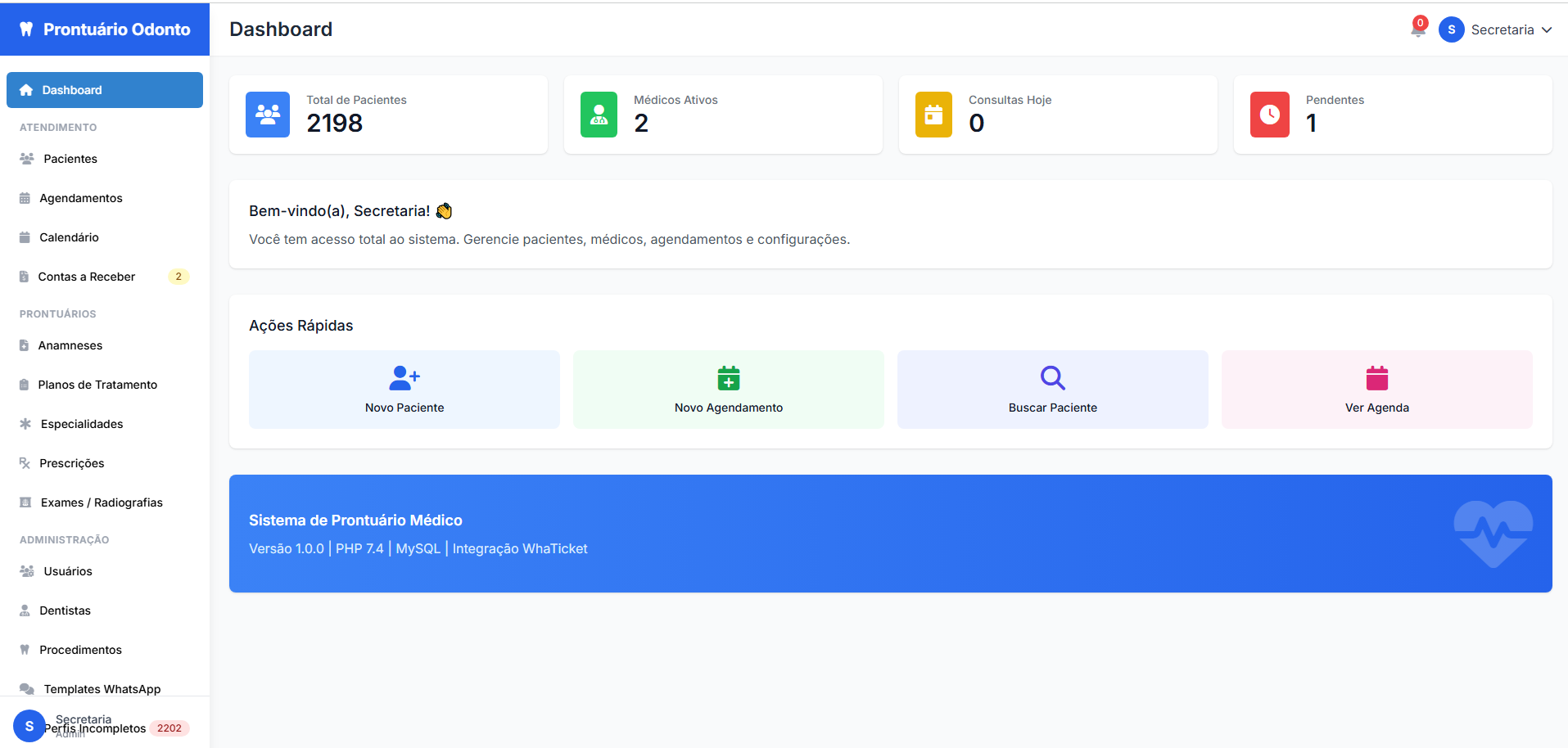 Interface do Sistema Harvey Prontuário Odonto